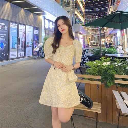2021 Casual Square Collar Floral Skirt Sexy Party Dress For Women Fashion French Style Puff Sleeve Knee-Length Loose Dresses
