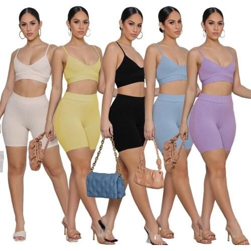 1L205 Summer Women Casual Fashion Solid Sexy Hanging Strips Umbilical Straps Shorts Two-piece Leisure Sports Hot