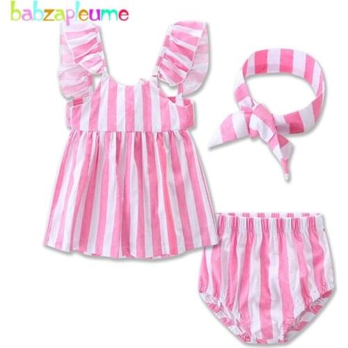 Babzapleume Summer Newborn Baby Girls Clothes Cute Pink Stripe T-shirt+Shorts 1st Birthday Infant Clothing Sets 3PCS Suit BC1244