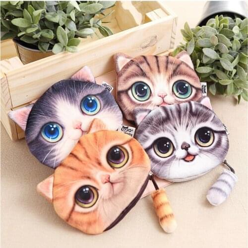 3D creative cute printing cartoon cats bag toys fashion simple cat head plush coin purse small tail storage bag