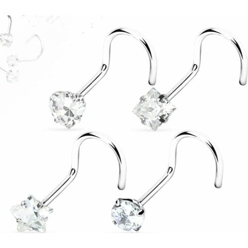 50pcs/Lot Popular CZ Nose Stud Screw Surgical Steel Nose Ring Nose Piercing Shine Heart/Square/Round/Star 20G Free Shipping