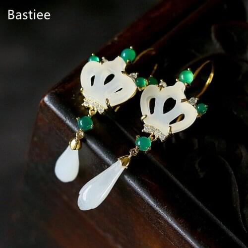 Bastiee Silver 925 Jewelry 925 Sterling Silver Earrings Dangle Earrings Vintage Korean Earrings Golden Plated Jade