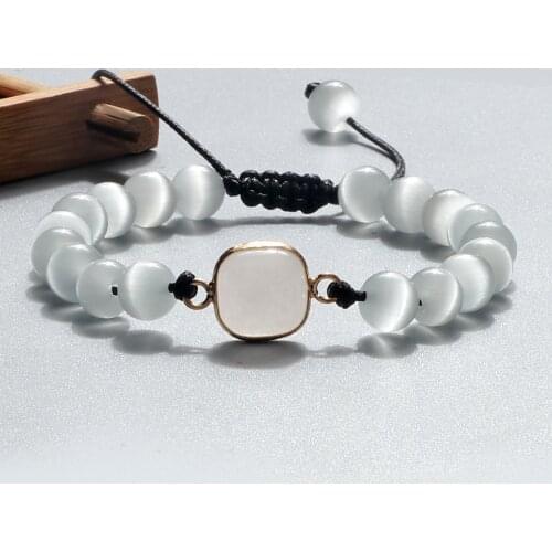 Natural Cat Eye Stone Bracelets Fashion Natural Opal Beads Bracelets & Bangle for Women Men Adjustable Wrist Yoga Jewelry Gifts