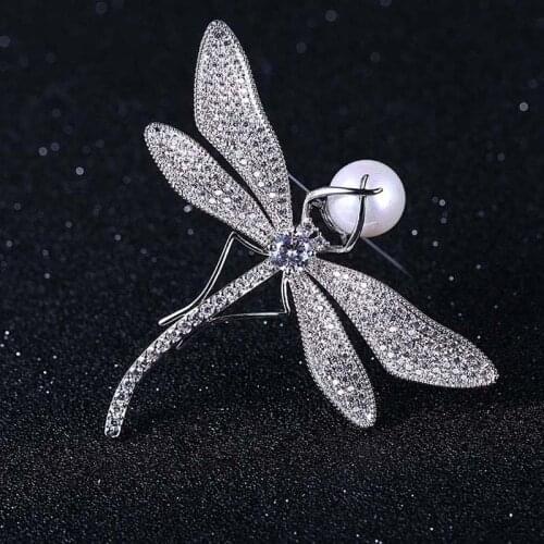 Fashion Beautiful Big Dragonfly Brooch High Quality AAA Cubic Zirconia Brooches With Man-made Pearl Woman Clothes Accessories
