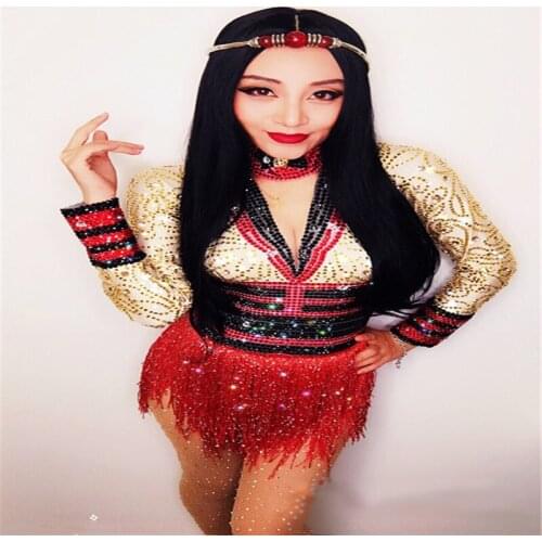 D67 Ballroom dance stage costumes red tassel gold bodysuit female dress dj jumpsuit Sequin outfits Rhinestone clothe party wears