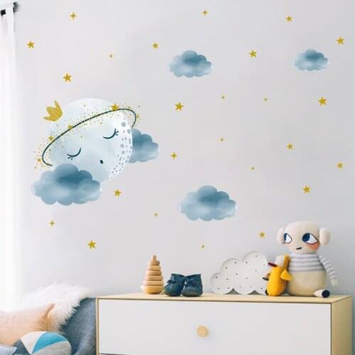 Painted Moon Stars Clouds Childrens Room Wallpaper Entrance Wall Beautification Decorative Wall Sticker Self-Adhesive