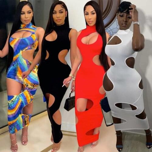 Echoine Turtleneck Long Dress Hole Hollow Out Sexy Skinny Bodycon Dresses Sleeveless Summer Party Club Vintage Vestidos Outfits