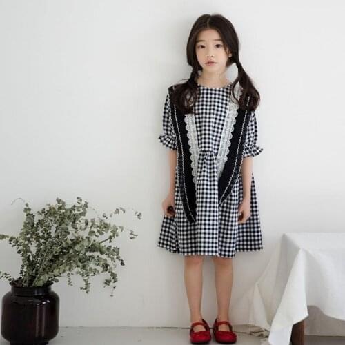 Cotton Plaid Blouse Dresses For Kids Petal Sleeve Ruffles Lace Princess Dress Baby Girls Knee Length Party Dresses Clothes 10Y
