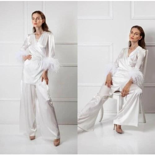 Two Pieces Silk Feather Women Sleepwear Bathrobe Long Kimono Dressing Pants Suit Lingerie Bath Robe Black Camisola De Dormir