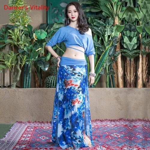 Belly Dance Suit Mesh Sequins Top Split Printing Skirt Practice Clothes Oriental Dancing Set Female Elegant Performance Clothing