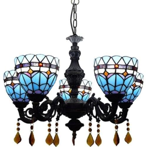 5 Heads Mediterranean Sea Blue Pendant Light for Foyer Dining Room Restaurant Bar European Creative Glass Suspension 1200