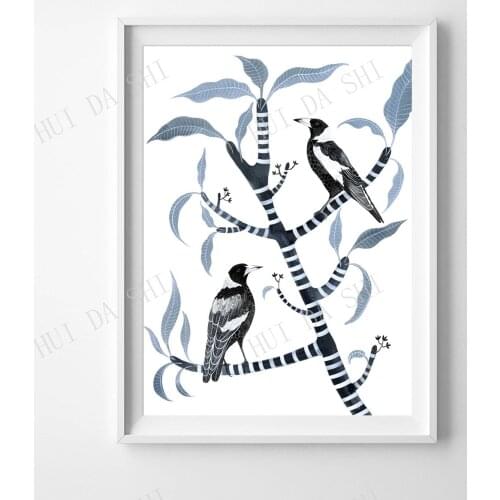 Magpie, wall art, Australiana, Australian art, Plumeria, Blue and White, Beach Decor, Bird lover gift, Hamptons, Frangipani