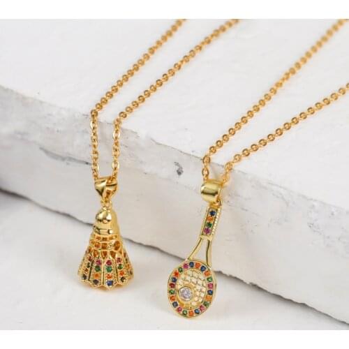 Trendy Multicolor Zircon Copper Metal Badminton Racket Pendants Necklaces For Women Stainless Steel Chain Friends Necklace Gifts