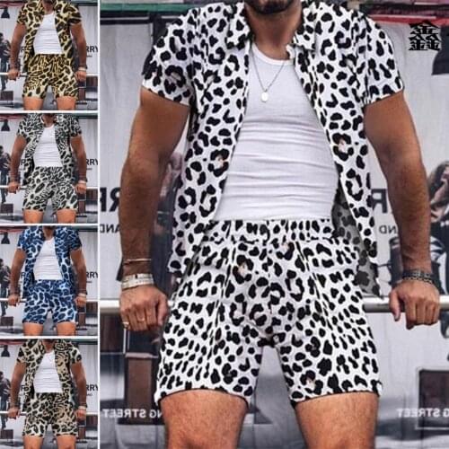 ZOGAA 2021 New Mens Shirt + Beach Shorts Leopard Pattern Short-Sleeved Lapel Top And Leopard Pattern Elastic Waist Bottom