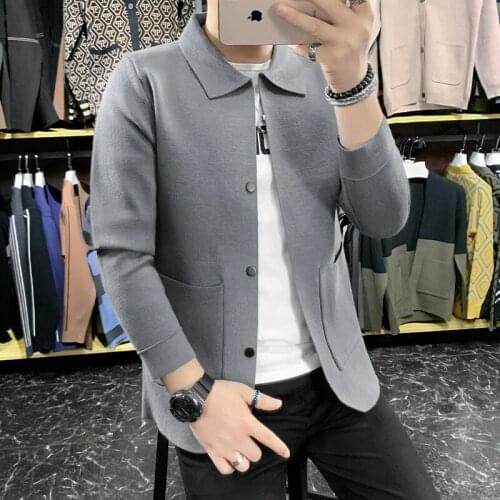 Autumn New Turn Down Collar Cardigan Men Clothing Simple Single Breasted Front Pockets Decor Knitted Sweater Hombre 3XL