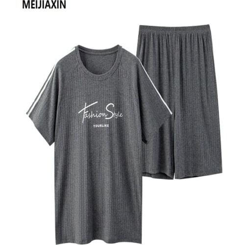 Newest L-4XL Pajamas Set Cotton Men Sleepwear Summer Short Sleeve Round Neck Mens Clothing
