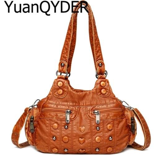 2020 New Women Rivet Button Shoulder Bag Vintage Washed Leather Handbag Ladies Solid Color Striped Large Capacity Crossbody Bags