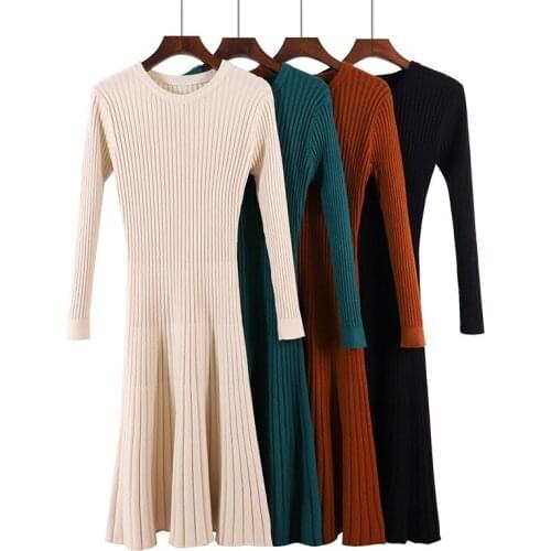 Autumn Winter Thick Sweater Dress 2018 Womens Chic Solid O-neck Over the Knee Long Sleeve Winter Dress A-line Midi Knit Dress