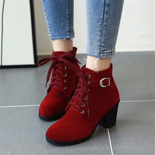 PXELENA Punk Goth Chunky Block High Heels Ankle Boots Ladies Shoes Faux Suede Lace Up Buckle Casual Comfort Shoes Women Footwear