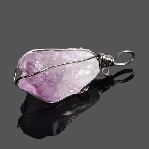 Retail 1pc Natural stone amethysts tooth irregular rough stone handmade copper wire clad stone pendant