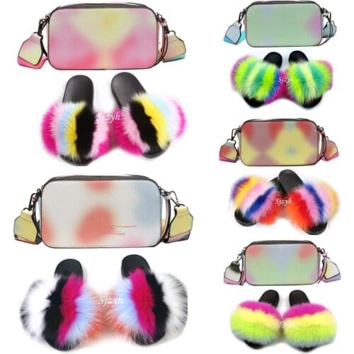 Womens Read Fox Fur Slippers Jelly Purse Girls Fluffy Fur Slides Rainbow Shoulder Bag Shoes Sets Ladies Handbag Plush Sandals