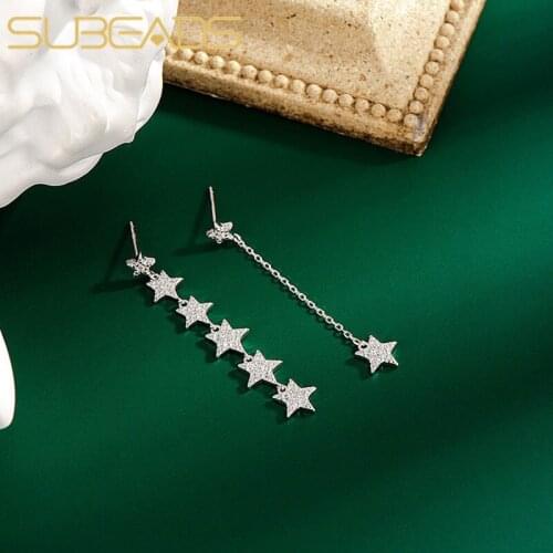 Subeads Real 925 Sterling Silver Asymmetry Five-pointed Star Drop Earrings For Women Tassel Dangle Earrings Wedding Jewelry Gift