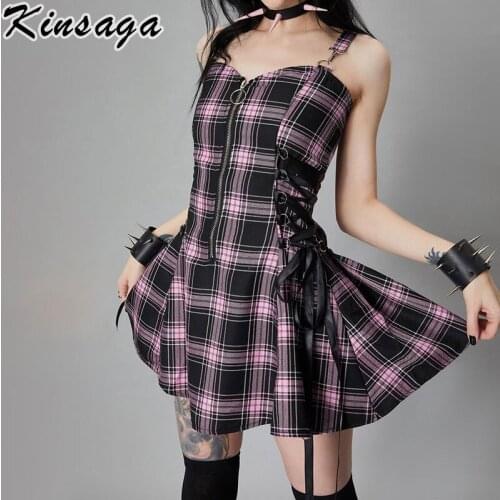 Mall Goth Pink Plaid Grunge Bandage Mini Dresses Women Punk Zipper A-line Dress Harajuku Academia Lace Up Party Dress Cyber Y2k