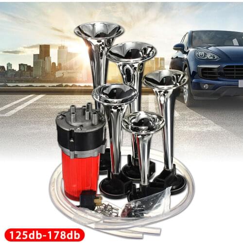 Universal 125dB 12V 5 Trumpet Musical Dixie Dukes Super Loud Car Truck Air Horn Duke Hazzard w/ Air Compressor Black/Red/Chrome