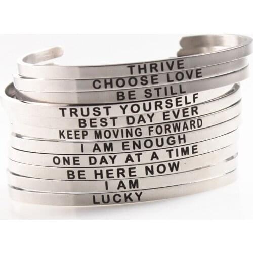 L m n 4mm inspirational cuff bangle for girls women 316L stainless steel engraved positive phrases mantra bracelet jewelry
