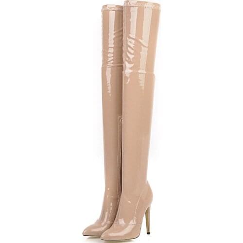 Stretch Thigh High Boot Women Sexy Beige Over-the-knee Boots Female High Heels Pointed Autumn Leather Long Stripper Shoes Ladies