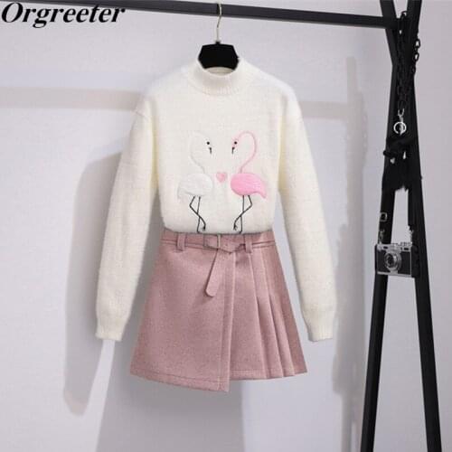 High Quality Half Turtleneck Swan Embroidery Bottoming Mohair Sweater + Pink Woolen Pleated Mini Skirt Two piece Sets Women