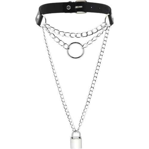 ZIMNO Goth Stainless Steel Link Chains Necklace Punk Choker Sexy Collar Lock Pendant Necklaces for Women Leather Egirl Jewelry