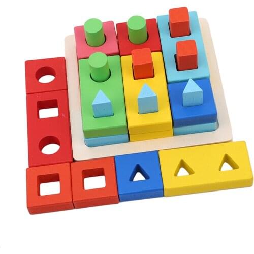 1 Set Children Wooden Geometric Intelligence Board Baby Educational Toy Shape Matching Columns Building Blocks Teaching Toy