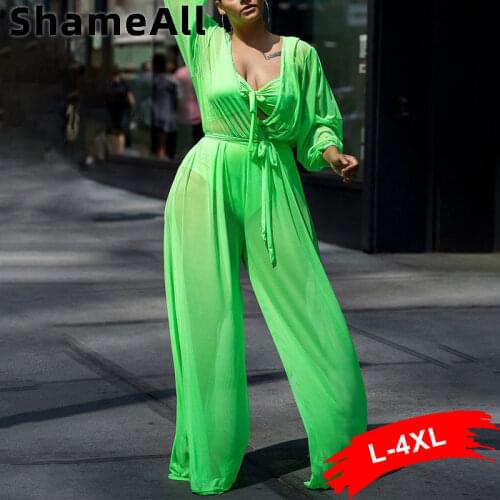 218053 Plus Size Translucent Wid Leg Jumpsuits 4XL Sashe
