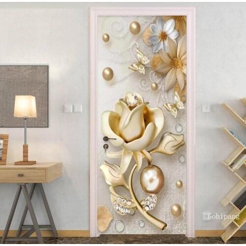 3D Golden Flowers Door Sticker Living Room Bedroom Home European Style Door Decor Wallpaper Pvc Waterproof Wall Stickers Murals
