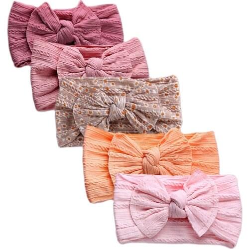 5pcs/set Cable Nylon Baby Girl Head Band Set Solid And Print Elastic Children Headbands Newborn Hair Bows Baby Hair Accessories