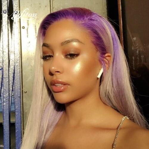 ALIFITOV Platinum Blonde Lace Front Wigs Straight Human Hair Wigs With Purple Pink Roots Pre-plucked Wigs For Women