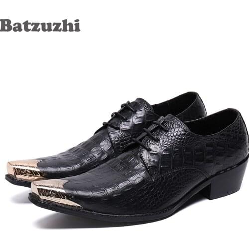Batzuzhi Japanese Type Men Shoes Pointed Metal Tip Leather Dress Shoes Men Lace-up Formal Business Leather Shoes Party&Wedding
