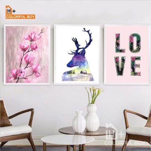COLORFULBOY Deer Flower Nordic Poster Wall Art Print Posters And Prints Canvas Painting Wall Picture For Living Room