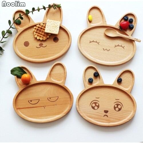 NOOLIM 1PCS Wood Rabbit Food Dish For Kids Toddler Divided Plates Platter Baby Feeding Utensils Dinner Tray Wooden Kid Tableware