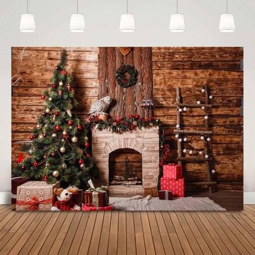 Retro Christmas fireplace photography backdrop Christmas tree Rustic Wooden Background for photo studio photocall newborn photo