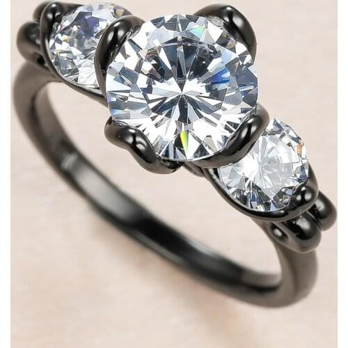 Classic Male Female White Crystal Stone Ring Charm 14KT Black Gold Wedding Rings For Women Men Punk Round Zircon Engagement Ring