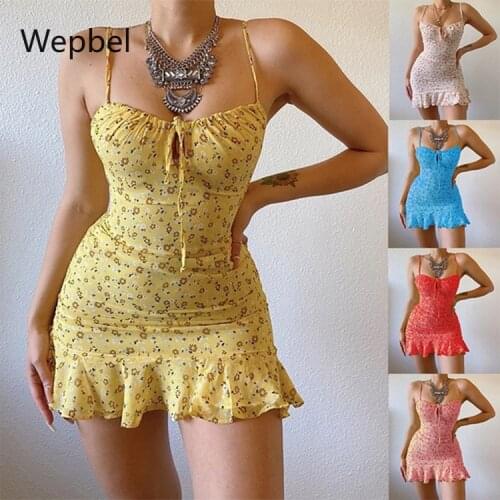 WEPBEL Summer Sexy Floral Dress Women Plus Size Tight Bodycon Dresses Ruffle Strap Cut-out Strapless High Waist Mini Dress