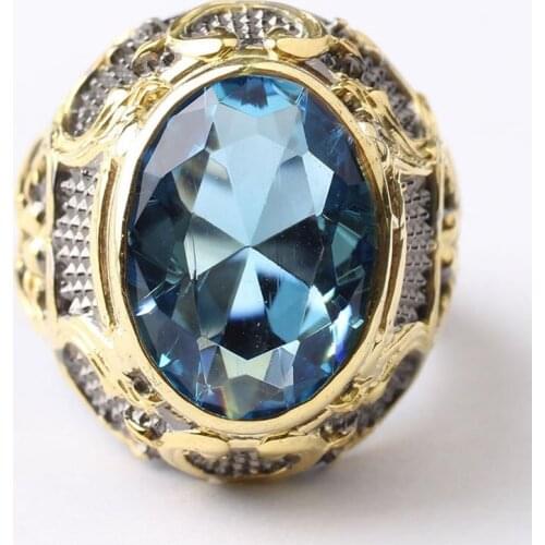 Handmade Blue Aquamarine Man Silver Ring, 18K Gold Plated Aquamarine Silver Men Ring, Silver Aquamaine Man Ring