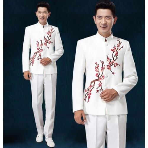 White red blue 2020 new arrival costume slim men chinese tunic suit set with pants mens suits wedding groom dress suit + pant