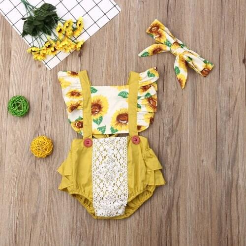 Pudcoco Toddler Baby Girl Clothes Flower Lace Sunflower Romper Jumpsuit Headband Outfit Sunsuit Clothes 0-24M