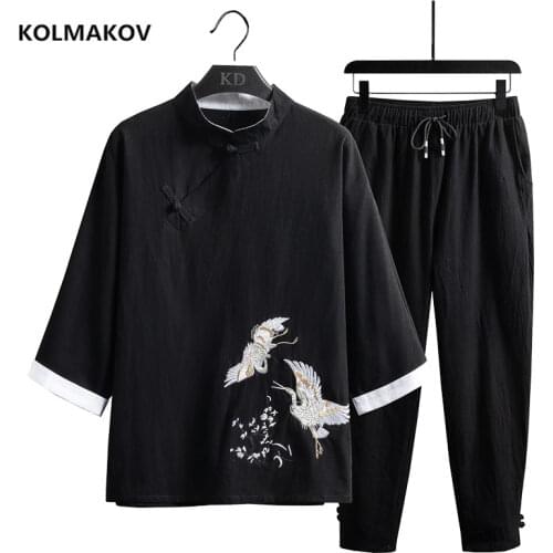 Shirt + trousers) summer men shirt Man Cotton and linen shirts mens High quality casual fashion shirts men size M-5XL TZ212