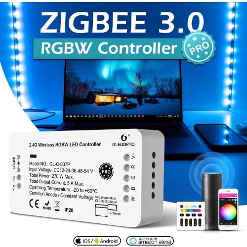 GLEDOPTO Zigbee 3.0 DC12-24V Smart Pro RGBW LED ZigBee Strip Controller work with Amazon Echo Plus Smartthings 2.4G RF
