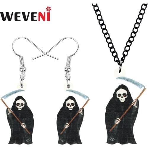 WEVENI Acrylic Halloween Black Grim Reaper Jewelry Sets Print Big Necklace Earrings For Women Girl Kids Birthday Gift Decoration
