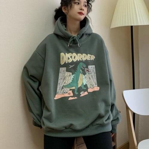 Zuolunouba Winter Casual Women Hoodie Print Harajuku Anime Dinosaurs Coming Sweatshirt Long-sleeved Loose Fashion Pullover